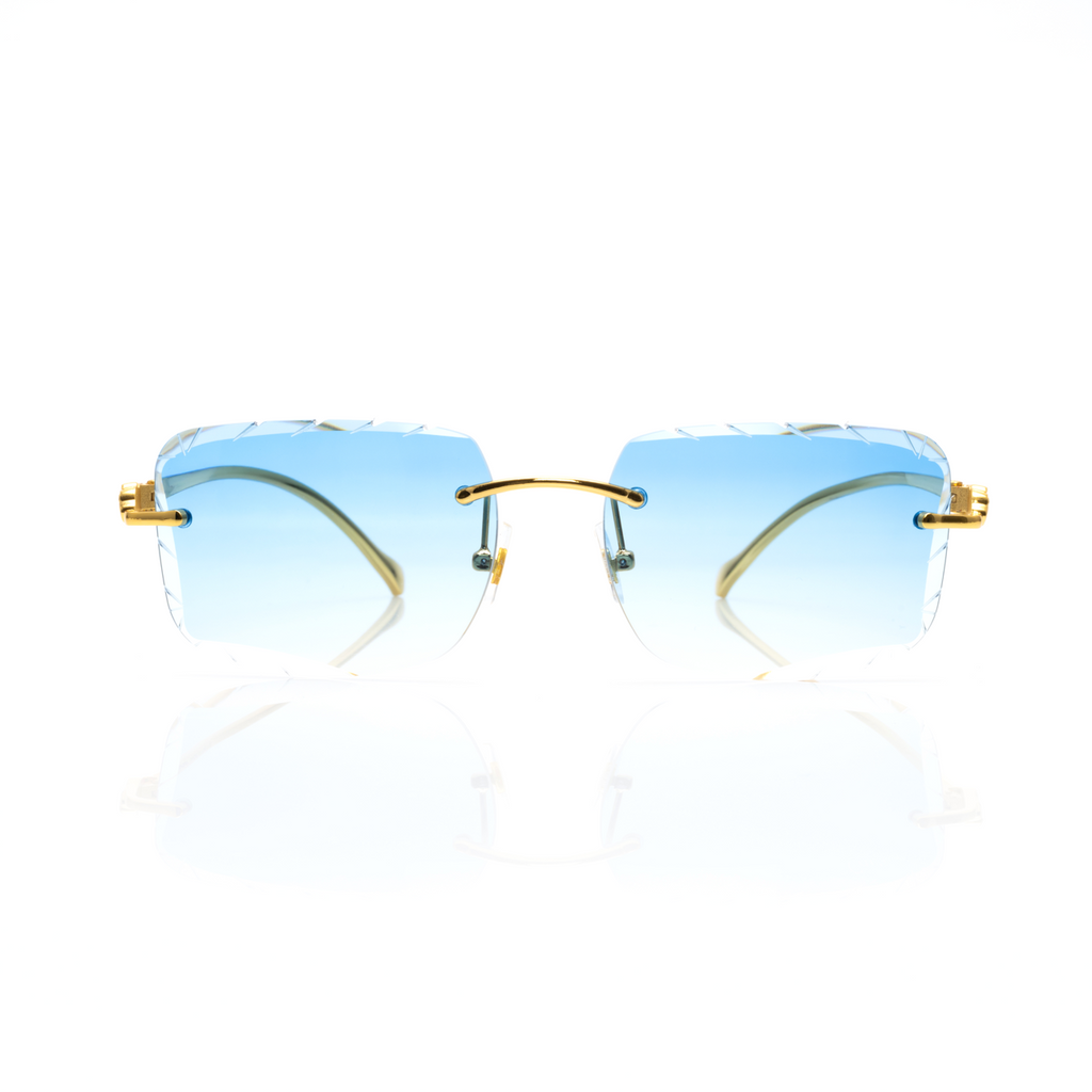 Lunettes Carré — Métal Doré & Verres Bleu Glacier