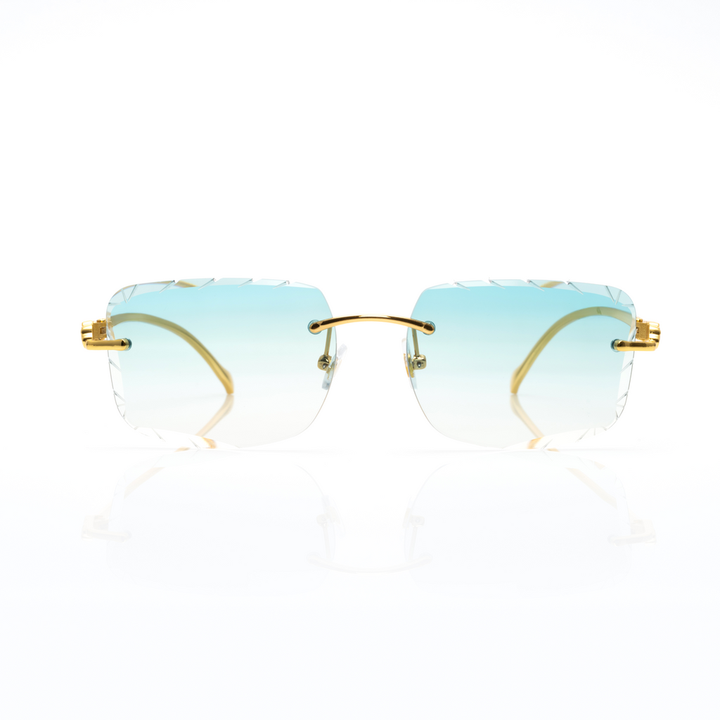 Lunettes Carré — Métal Doré & Verres Bleu Glacier