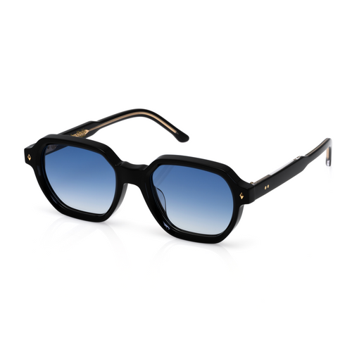 Lunettes Hexagonale — Acétate Noir & Verres Bleus