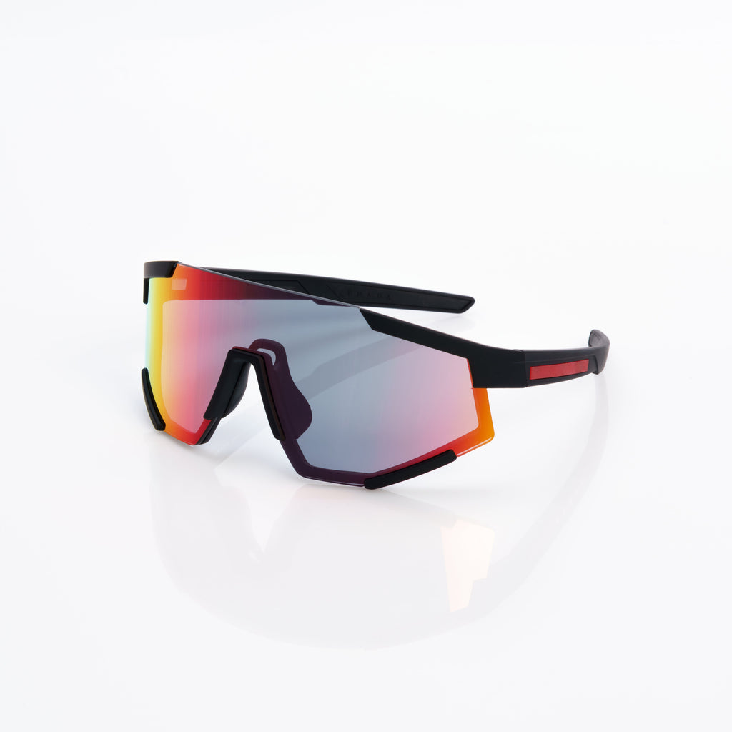 Lunettes Masque — Acétate Noir & Verres Miroir Rouge