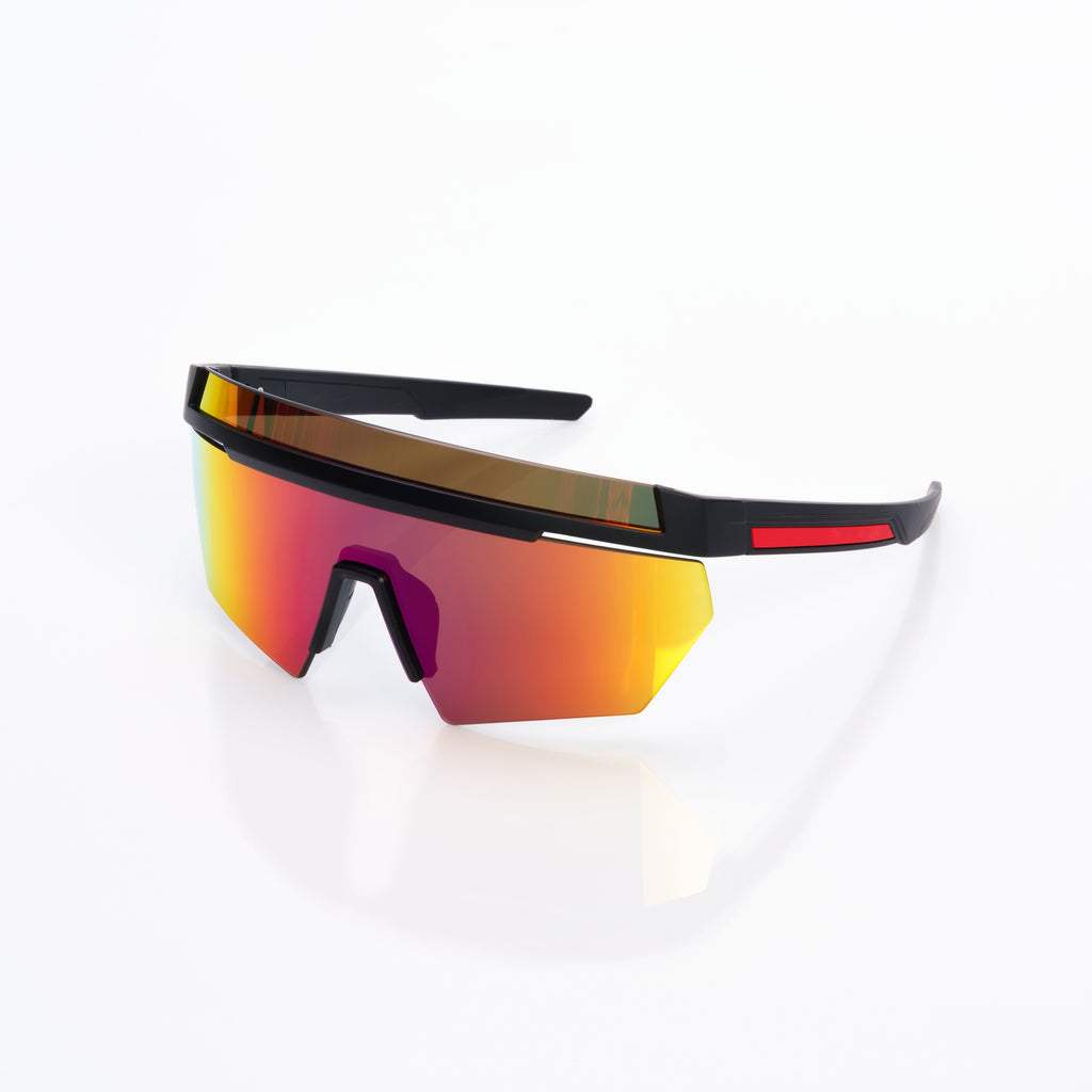 Lunettes Masque — Acétate Noir & Verres Miroir Rouge