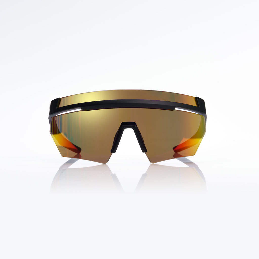 Lunettes Masque — Acétate Noir & Verres Miroir Rouge