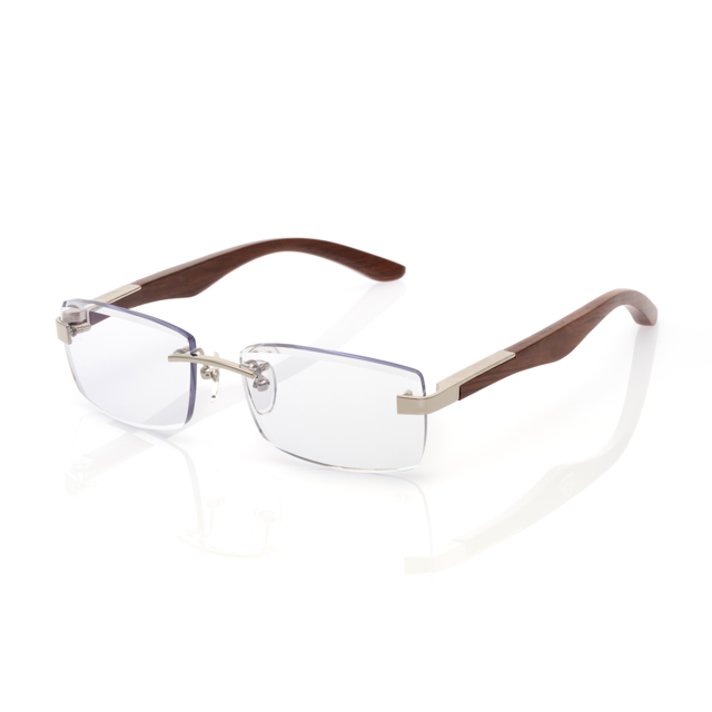 Lunettes Rectangle — Métal Argenté & Branches Bois Acajou