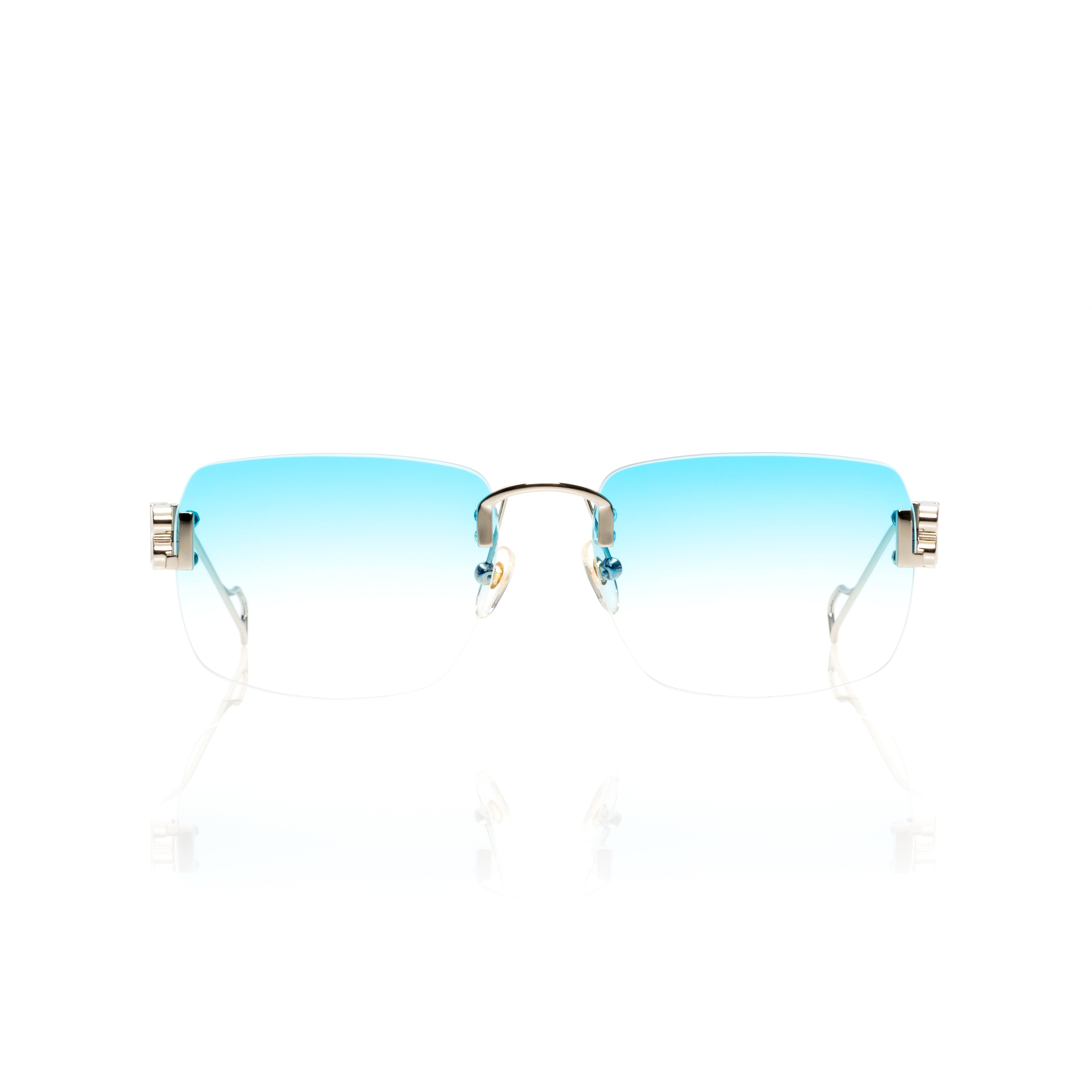 Lunettes Rectangle — Métal Argenté & Verres Bleu Ciel