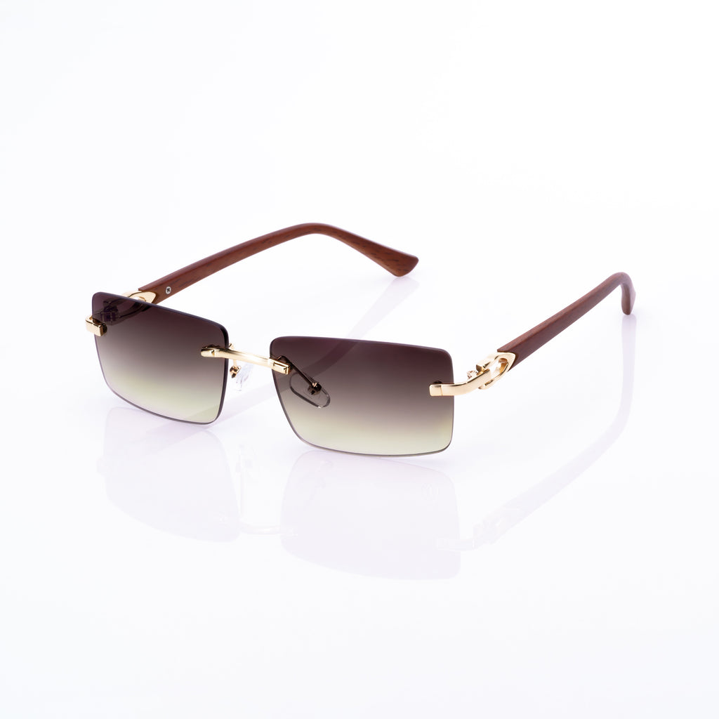 Lunettes Rectangle — Métal Doré & Branches Bois & Verres Bruns