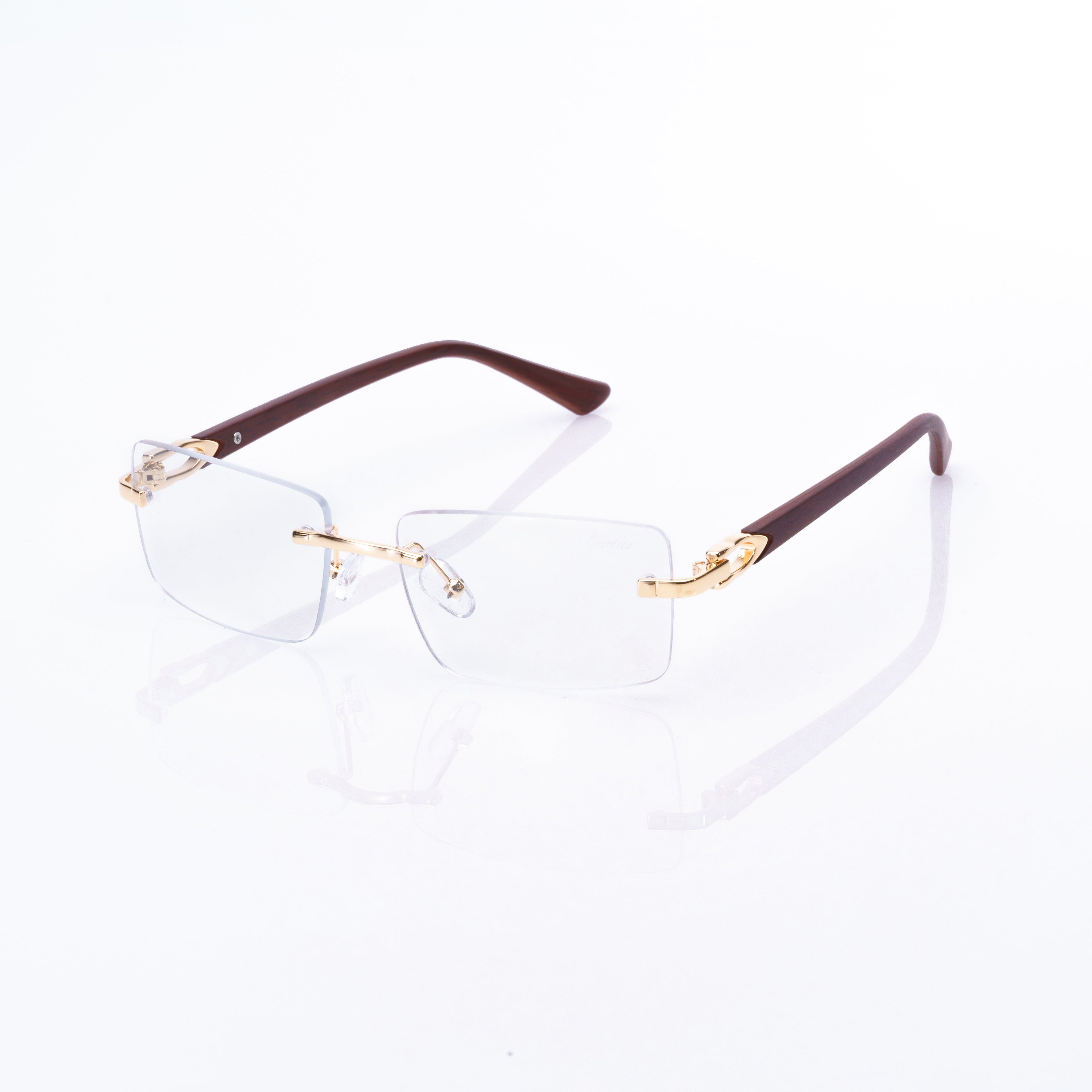 Lunettes Rectangle — Métal Doré & Branches Bois & Verres Bruns