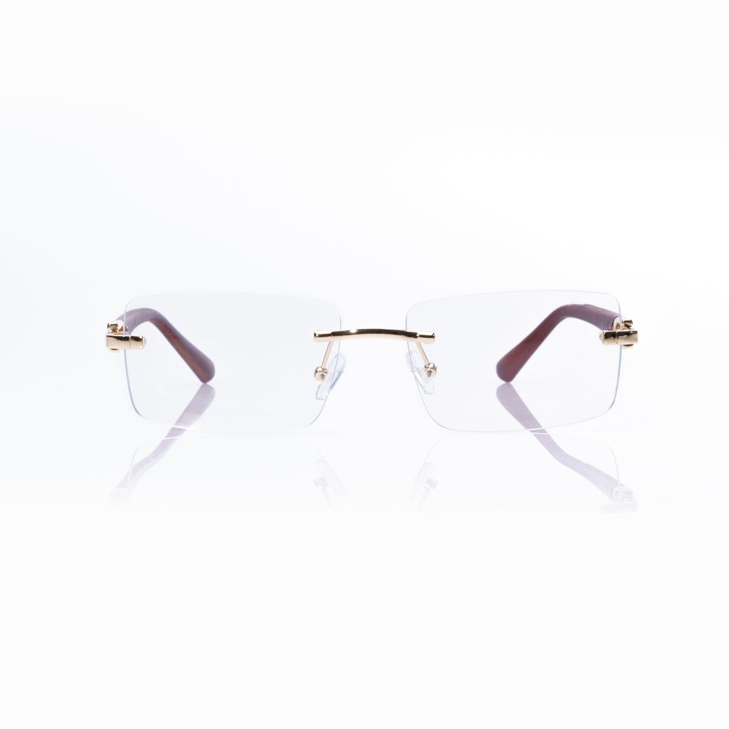 Lunettes Rectangle — Métal Doré & Branches Bois & Verres Bruns