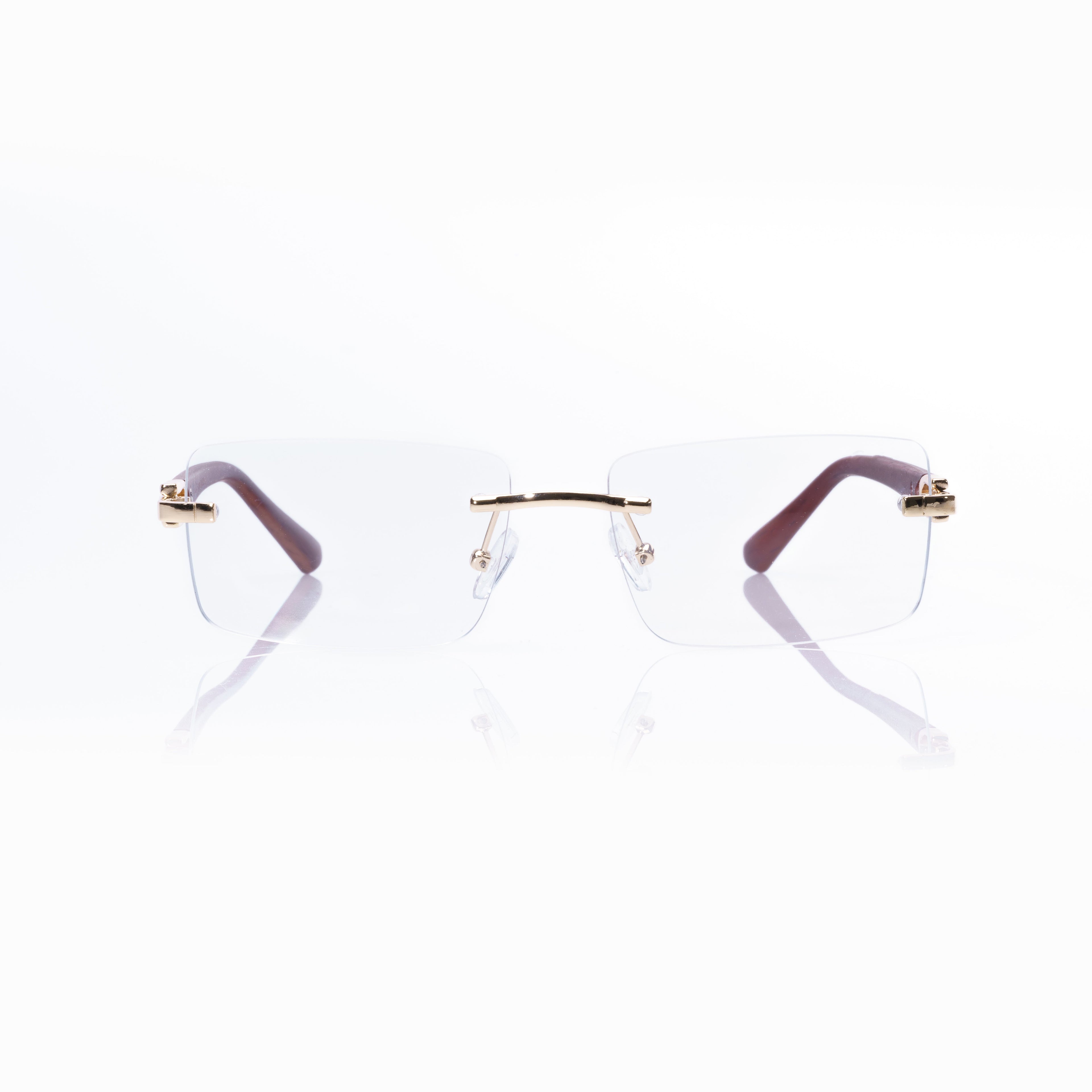 Lunettes Rectangle — Métal Doré & Branches Bois & Verres Bruns