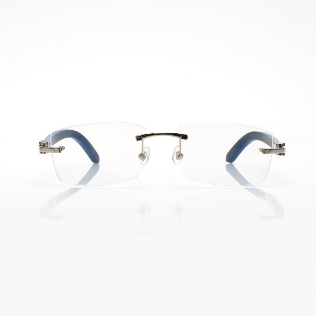 Lunettes Sans Cerclage — Bois Bleu & Argent