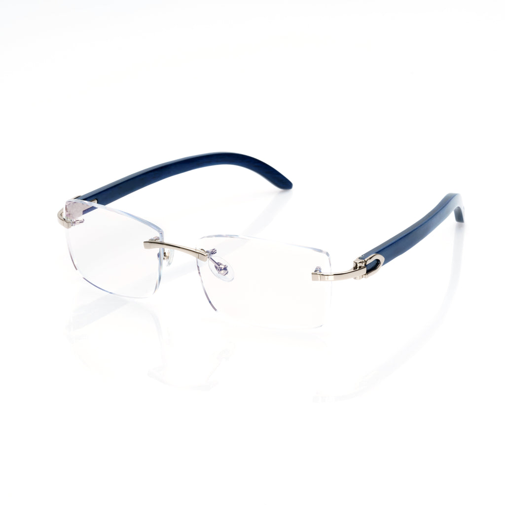 Lunettes Sans Cerclage — Métal Argenté & Branches Bois Bleu