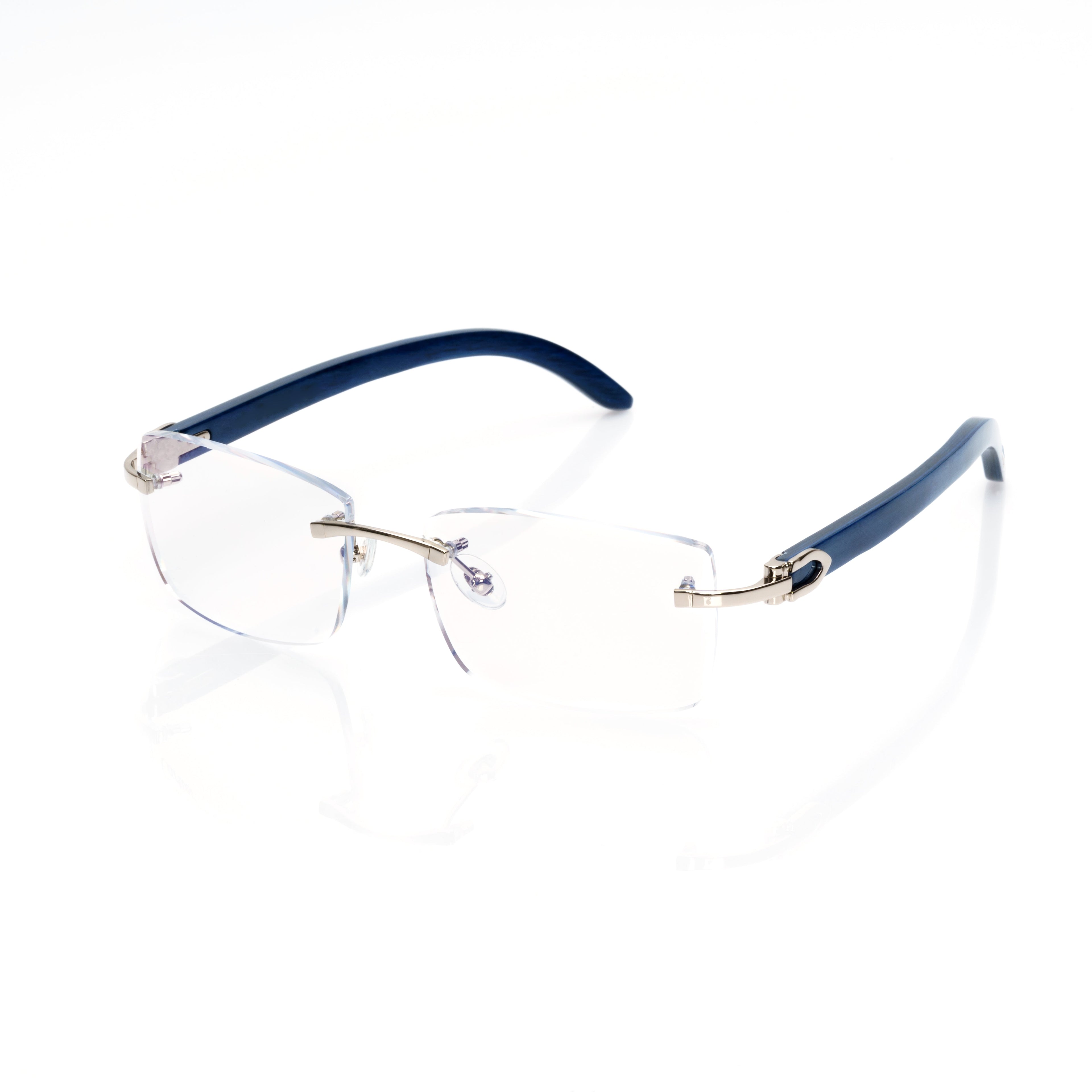 Lunettes Sans Cerclage — Métal Argenté & Branches Bois Bleu