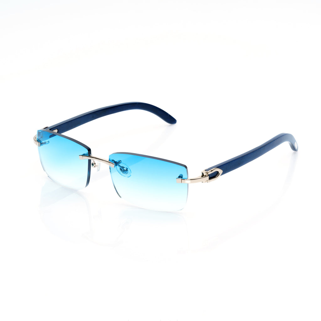 Lunettes Sans Cerclage — Métal Argenté & Branches Bois Bleu